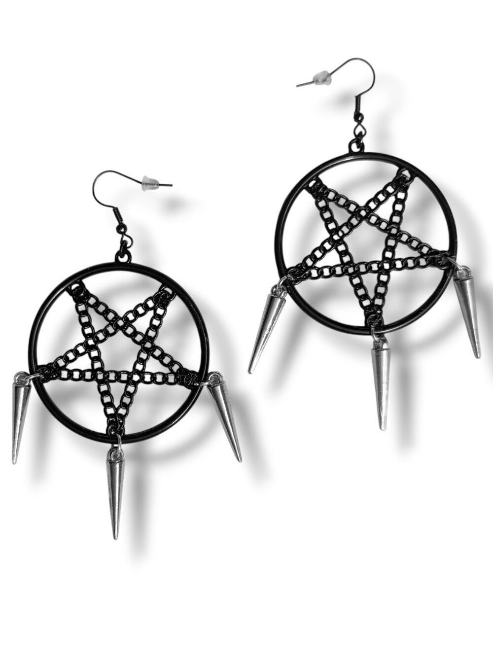 NWT Handmade Black Chain Pentagram Earrings with Silver Dangly Spikes